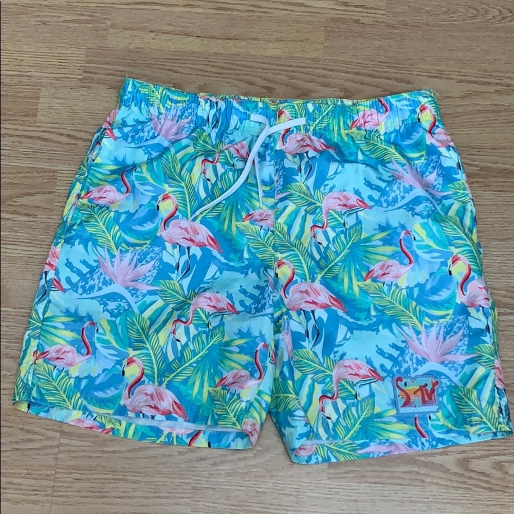 MTV Flamingo Print Blue Pink & Yellow Trunks XL
